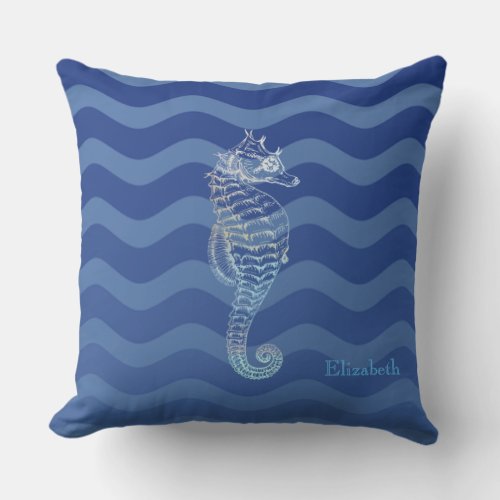 Nautical Navy Blue Waves Seahorse Throw Pillow