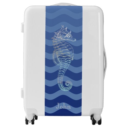 Nautical Navy Blue Waves Stripe Seahorse Luggage
