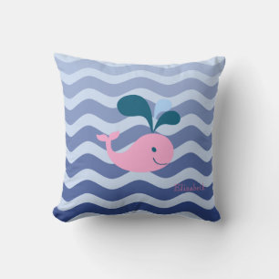 Nautical Navy Blue Waves, Whale Throw Pillow
