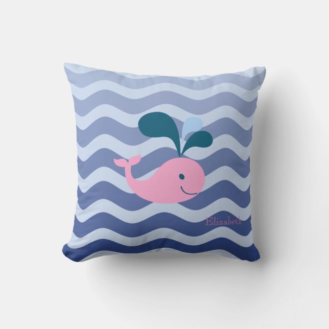 Nautical Navy Blue Waves, Whale Throw Pillow (Front)