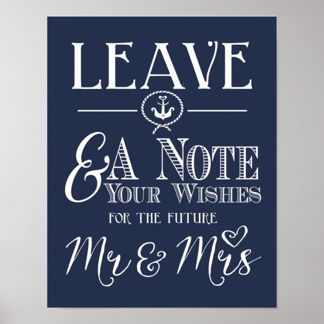 Nautical Navy Blue Wedding Leave A Note Sign Print
