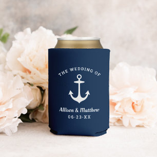Nautical Navy Blue Wedding Monogram Boat Anchor Can Cooler