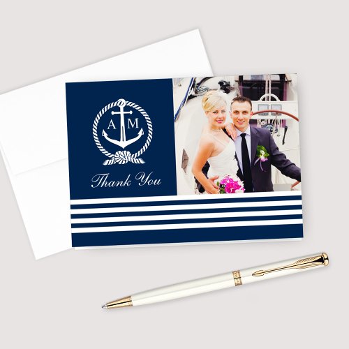 Nautical Navy Blue Wedding Monogram Photo Thank You Card