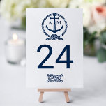 Nautical Navy Blue Wedding Monogram Table Number<br><div class="desc">Each table number card must be customized via "Personalize it" and individually added to the shopping cart. Nautical theme navy blue and white table number card features a boat anchor monogram and rope details and a horizontal stripe pattern on the back.</div>