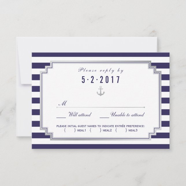 Nautical Navy Blue Wedding RSVP Card Meal Choice (Front)