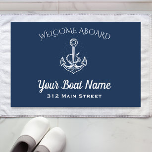 Nautical Navy Blue Welcome Aboard Anchor Boat Name Doormat