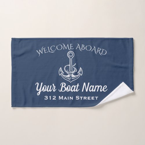 Nautical Navy Blue Welcome Aboard Anchor Boat Name Hand Towel