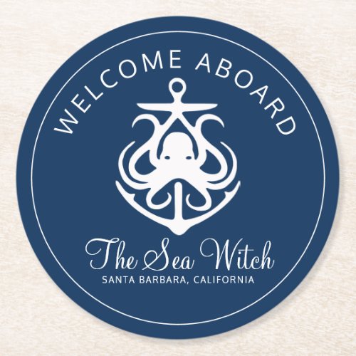 Nautical Navy Blue Welcome Aboard And Boat Name  Round Paper Coaster