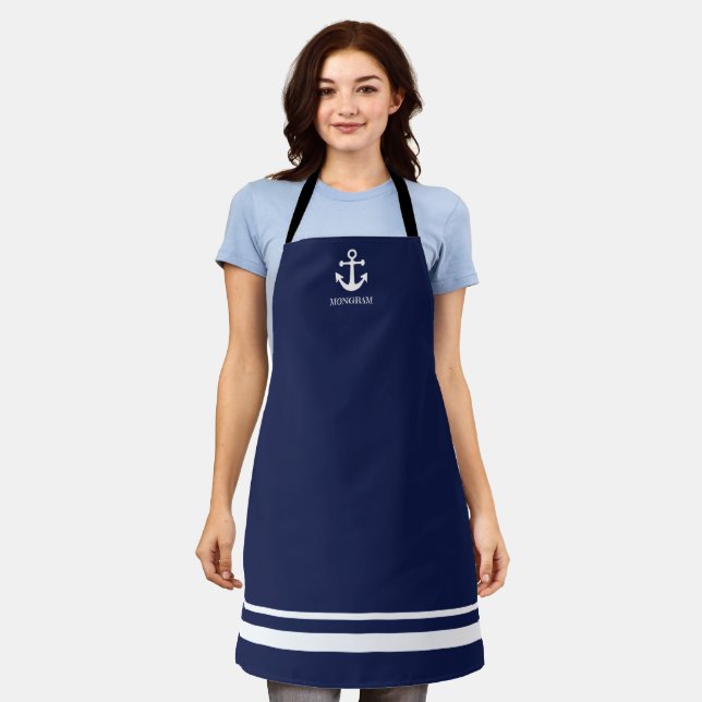 Nautical Navy Blue Welcome Aboard Boat Name Anchor Apron (Worn)