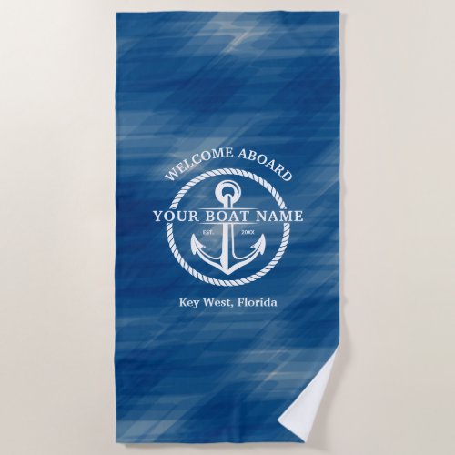 Nautical Navy Blue Welcome Aboard Boat Name Anchor Beach Towel