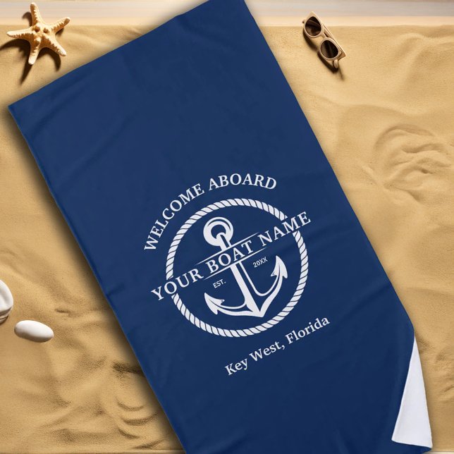 Nautical Navy Blue Welcome Aboard Boat Name Anchor Beach Towel (Nautical Navy Blue Welcome Aboard Boat Name Anchor Beach Towel)