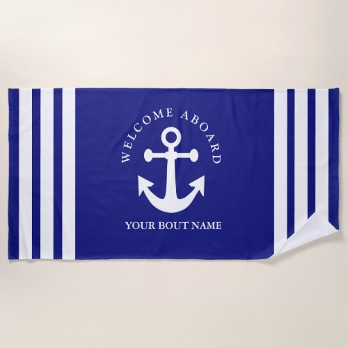 Nautical Navy Blue Welcome Aboard Boat Name Anchor Beach Towel