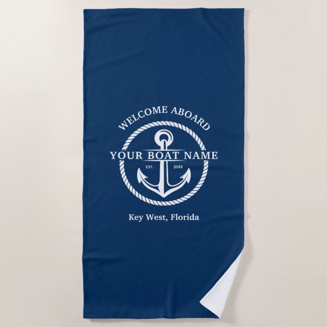 Nautical Navy Blue Welcome Aboard Boat Name Anchor Beach Towel (Front)