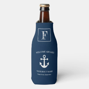 Nautical Navy Blue Welcome Aboard Boat Name Anchor Bottle Cooler