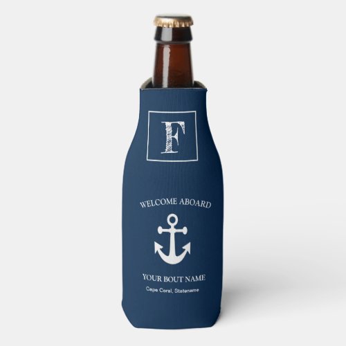 Nautical Navy Blue Welcome Aboard Boat Name Anchor Bottle Cooler