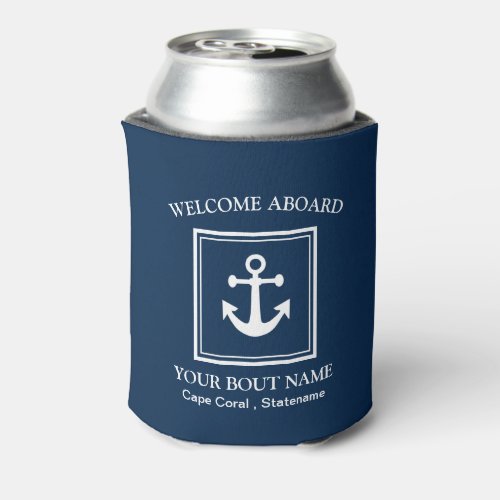 Nautical Navy Blue Welcome Aboard Boat Name Anchor Can Cooler
