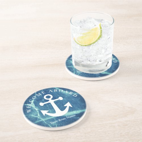 Nautical Navy Blue Welcome Aboard Boat Name Anchor Coaster