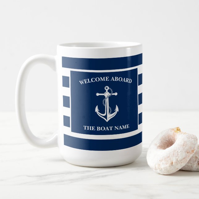 Nautical Navy Blue Welcome Aboard Boat Name Anchor Coffee Mug (With Donut)