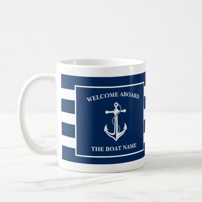 Nautical Navy Blue Welcome Aboard Boat Name Anchor Coffee Mug (Left)