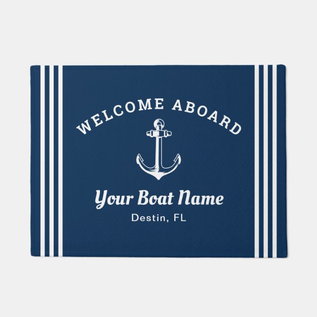 Nautical Navy Blue Welcome Aboard Boat Name Anchor Doormat (Front)