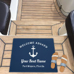 Nautical Navy Blue Welcome Aboard Boat Name Anchor Doormat<br><div class="desc">Nautical "Welcome Aboard" boat mat design features a simple,  stylish navy blue and white coastal style design with boat anchor accent. Personalize the custom text with the name of your boat along with her location city and state. Makes a great boating themed gift for boat owners.</div>