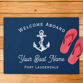 Nautical Navy Blue Welcome Aboard Boat Name Anchor Doormat by Plush_Paper at Zazzle