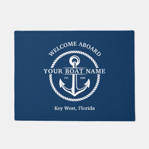 Nautical Navy Blue Welcome Aboard Boat Name Anchor Doormat