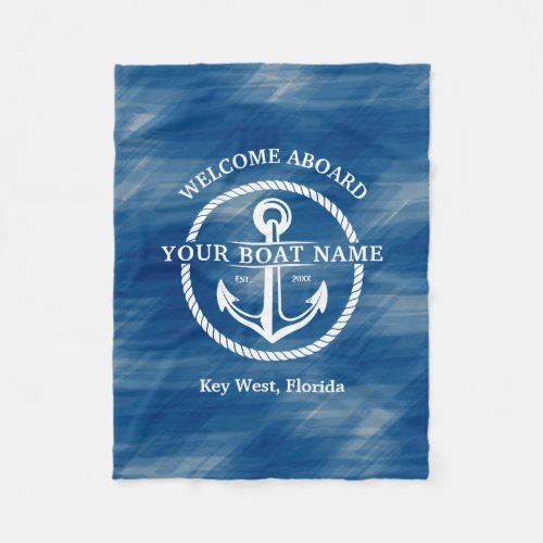 Nautical Navy Blue Welcome Aboard Boat Name Anchor Fleece Blanket