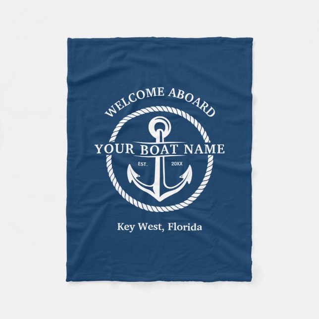 Nautical Navy Blue Welcome Aboard Boat Name Anchor Fleece Blanket (Front)