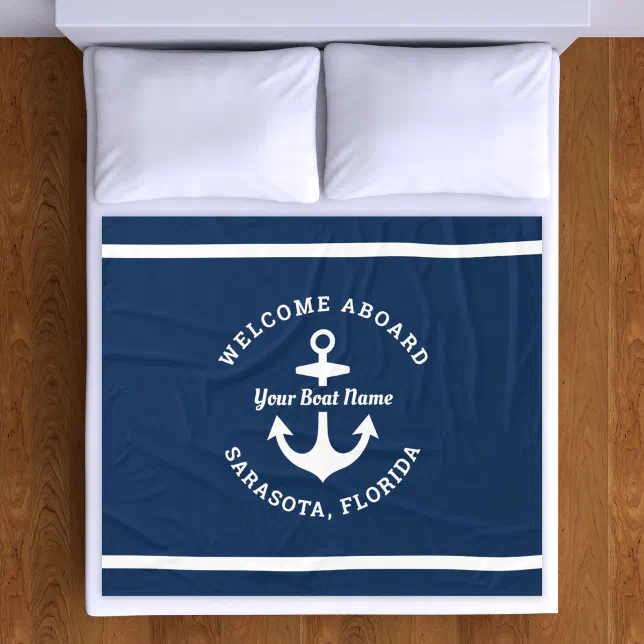 Nautical Navy Blue Welcome Aboard Boat Name Anchor Fleece Blanket 