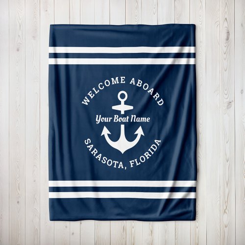 Nautical Navy Blue Welcome Aboard Boat Name Anchor Fleece Blanket