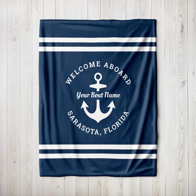 Nautical Navy Blue Welcome Aboard Boat Name Anchor Fleece Blanket (Creator Uploaded)