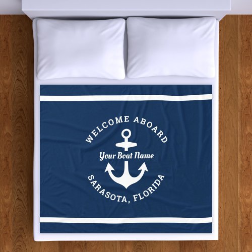Nautical Navy Blue Welcome Aboard Boat Name Anchor Fleece Blanket