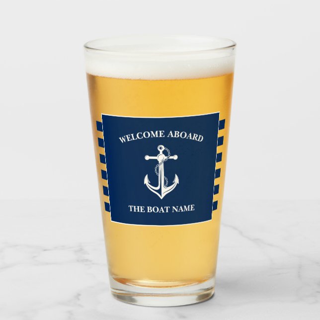 Nautical Navy Blue Welcome Aboard Boat Name Anchor Glass (Front Filled)