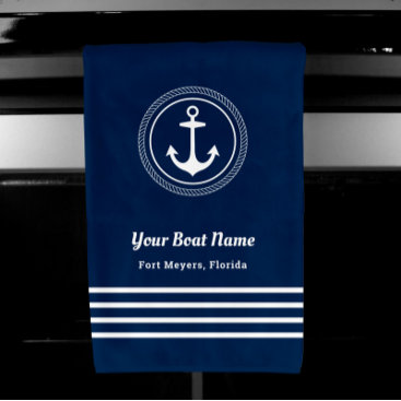 Nautical Navy Blue Welcome Aboard Boat Name Anchor Hand Towel