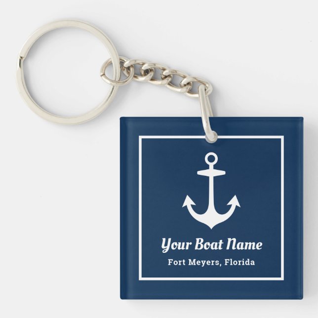 Nautical Navy Blue Welcome Aboard Boat Name Anchor Keychain (Front)