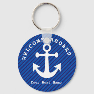 Nautical Navy Blue Welcome Aboard Boat Name Anchor Keychain