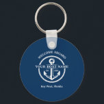 Nautical Navy Blue Welcome Aboard Boat Name Anchor Keychain<br><div class="desc">Nautical Navy Blue White Welcome Aboard Boat Name Anchor and Rope Design. Beautiful nautical navy blue and white design with circular rope border,  anchor and custom text. Personalize with your boat name and text. Original and unique Design by Golden Bloom Home.</div>