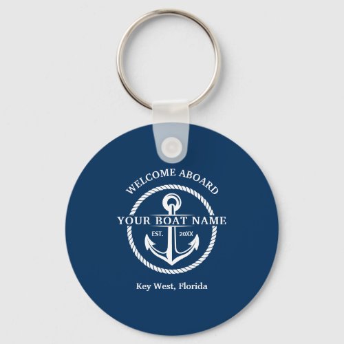 Nautical Navy Blue Welcome Aboard Boat Name Anchor Keychain