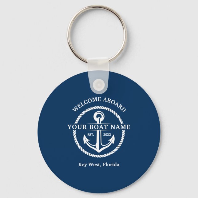Nautical Navy Blue Welcome Aboard Boat Name Anchor Keychain (Front)