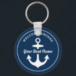 Nautical Navy Blue Welcome Aboard Boat Name Anchor Keychain<br><div class="desc">Nautical "Welcome Aboard" keychain design features a simple,  stylish navy blue and white coastal style design with boat anchor accent. Personalize the custom text with the name of your boat.</div>