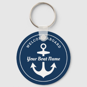 Nautical Navy Blue Welcome Aboard Boat Name Anchor Keychain