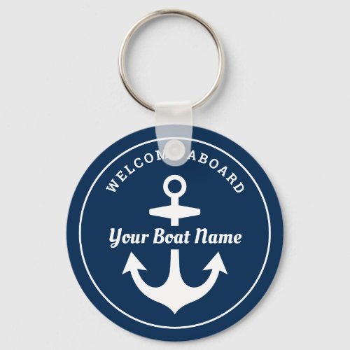 Nautical Navy Blue Welcome Aboard Boat Name Anchor Keychain