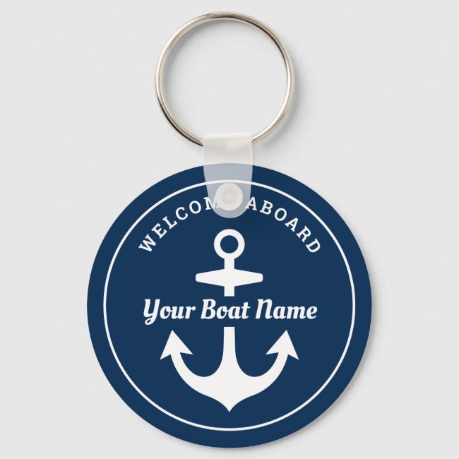 Nautical Navy Blue Welcome Aboard Boat Name Anchor Keychain