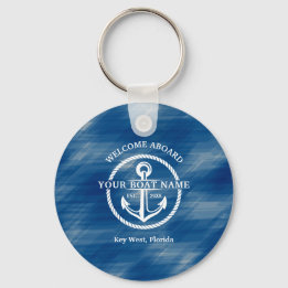 Nautical Navy Blue Welcome Aboard Boat Name Anchor Keychain