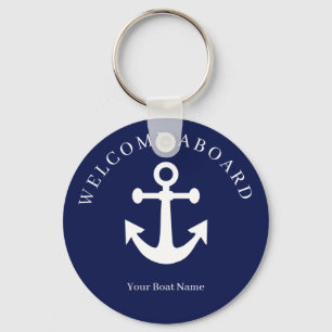 Nautical Navy Blue Welcome Aboard Boat Name Anchor Keychain