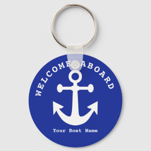 Nautical Navy Blue Welcome Aboard Boat Name Anchor Keychain