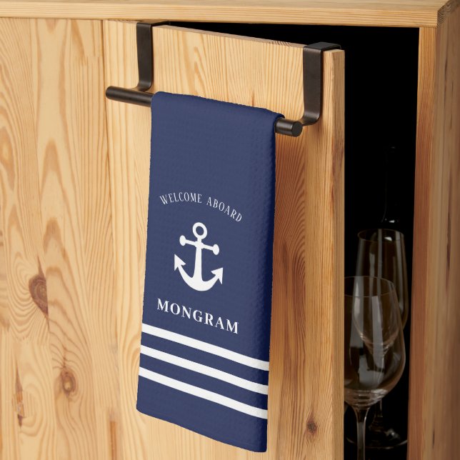 Nautical Navy Blue Welcome Aboard Boat Name Anchor Kitchen Towel (Thirds Fold)