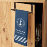 Nautical Navy Blue Welcome Aboard Boat Name Anchor Kitchen Towel<br><div class="desc">Nautical kitchen towel features a simple,  stylish navy blue and white coastal style design with boat anchor accent framed by a round circle rope,  along with horizontal stripes detail. Personalize the custom text with the name of your boat along with her location city and state.</div>
