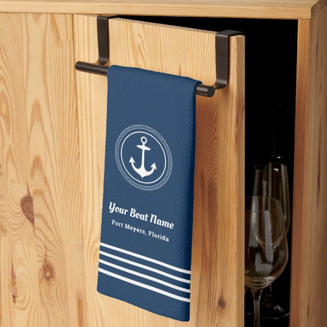 Nautical Navy Blue Welcome Aboard Boat Name Anchor Kitchen Towel (Thirds Fold)